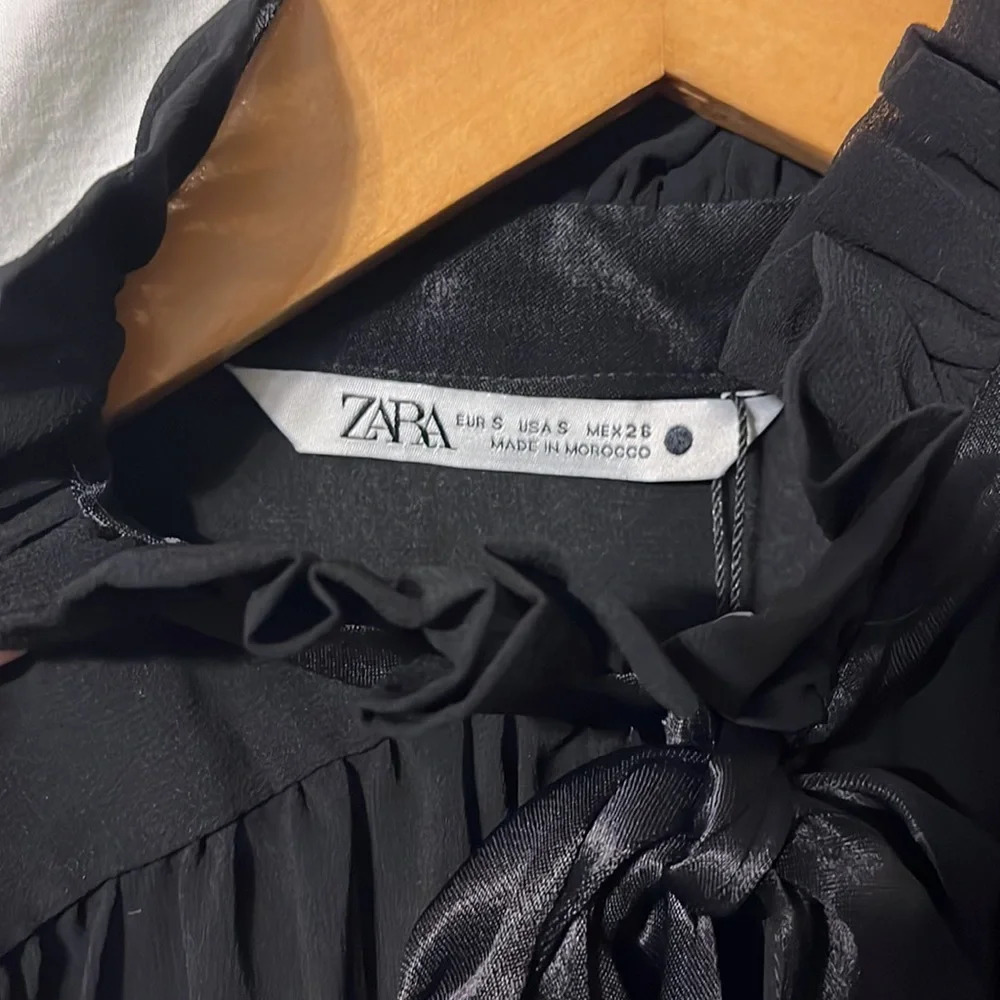 Zara Sheer Shoulder Pad Collared Nexk Tie Goth Blouse NWT - Picture 3 of 8